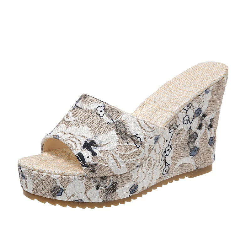 FZ Women's Casual Flip Flops Vintage Floral Print Peep Toe Wedge Shoes