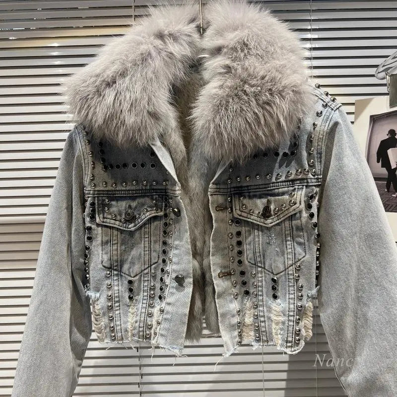 FZ Women's Fried Street Style Fur Collar + Fur Liner Rivet Short Denim Jacket