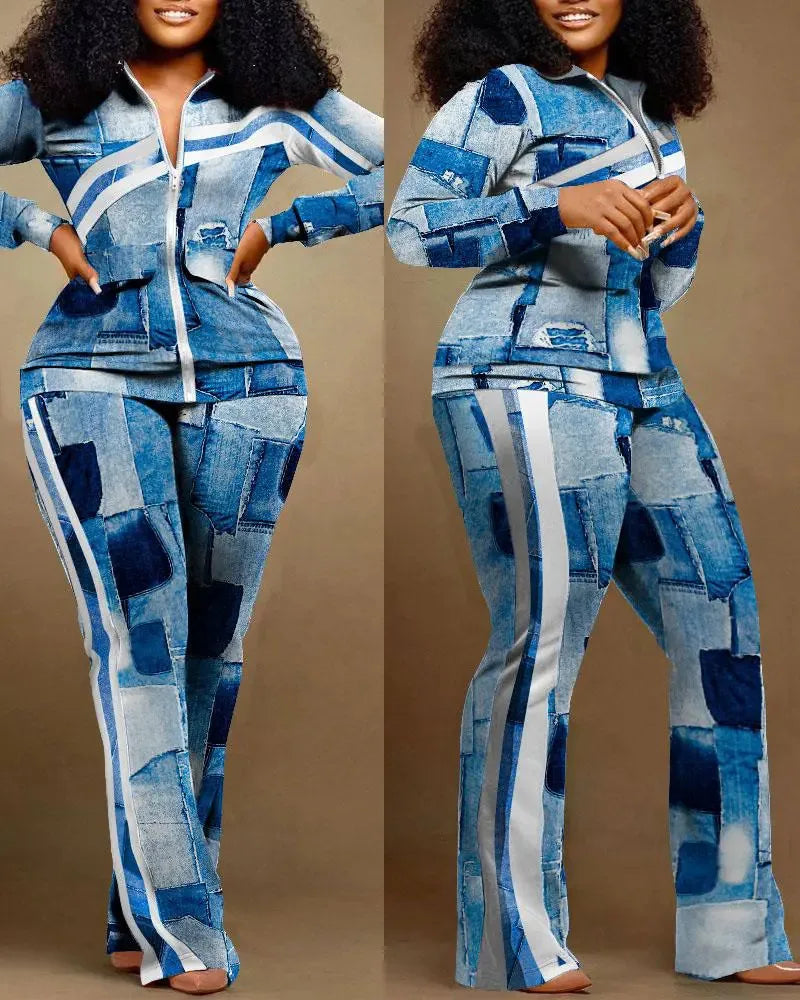 FZ Women's Print Zipper Stand Collar Sheath Full Sleeve Straight Two Piece Pants Suit