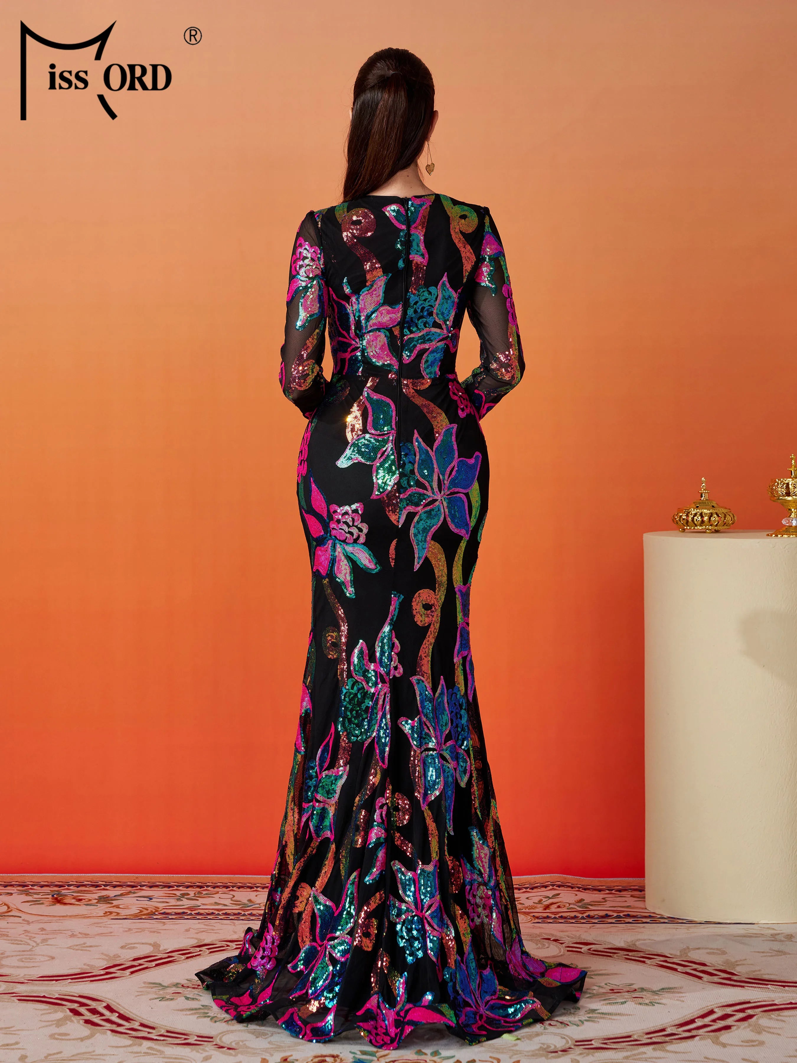 FZ Women's Floral Round Neck Long Sleeved Sequin Mermaid Evening Dress