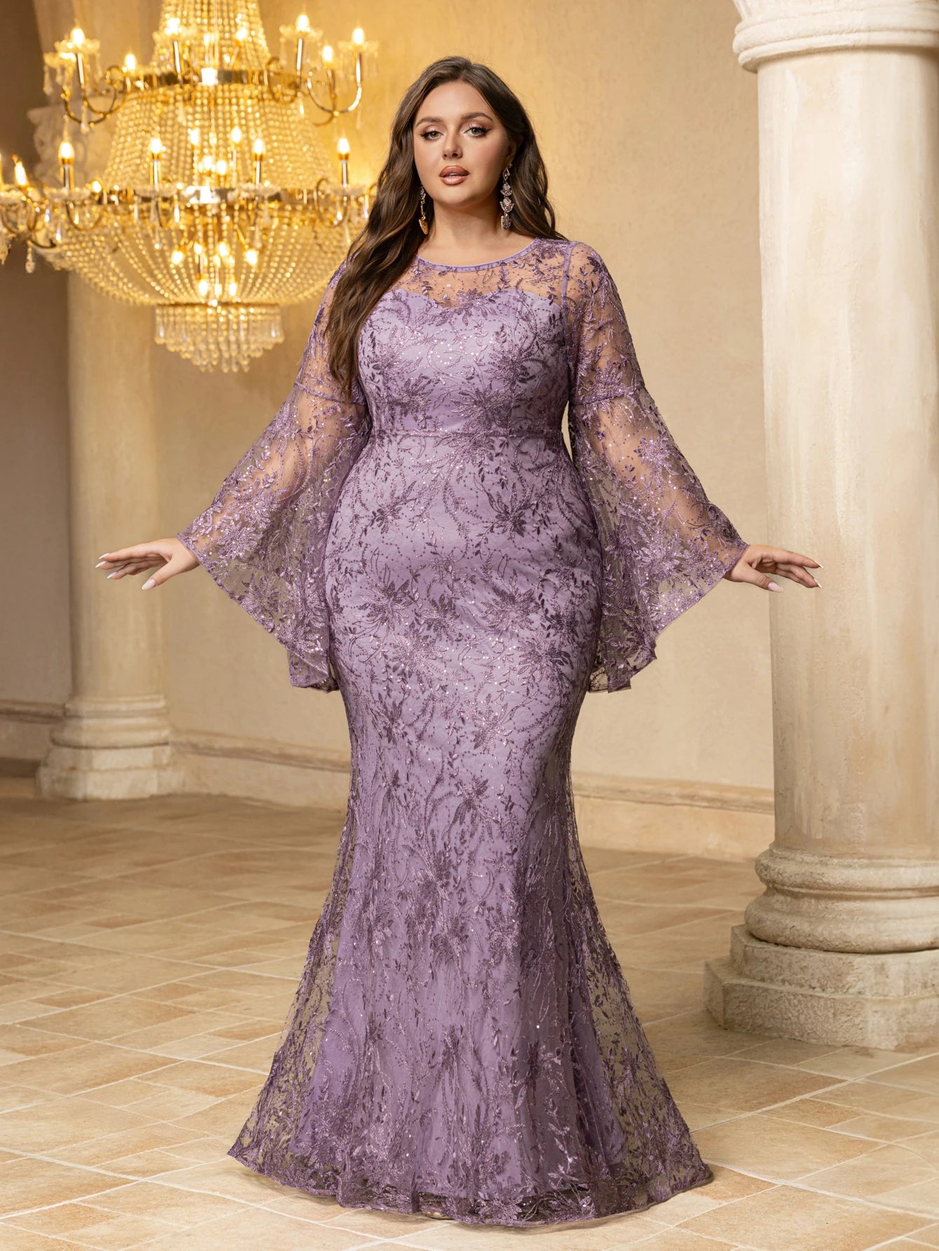 FZ Women's Plus Size Mesh & Embroidery Splicing, Flared Sleeves Evening Dress