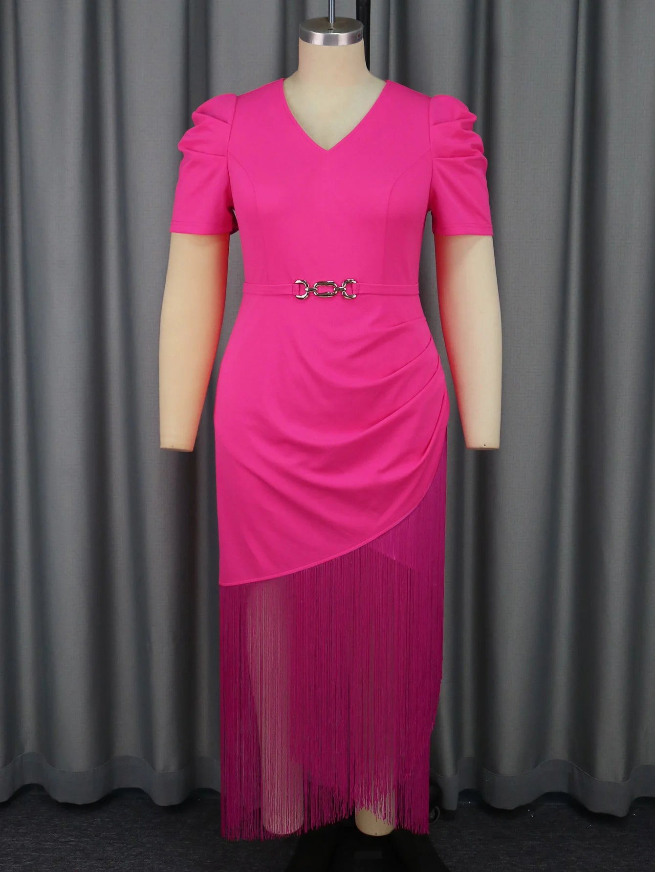 FZ Women's Plus Size V Neck Fringe Short Sleeve with Tassel Trim Evening Dress