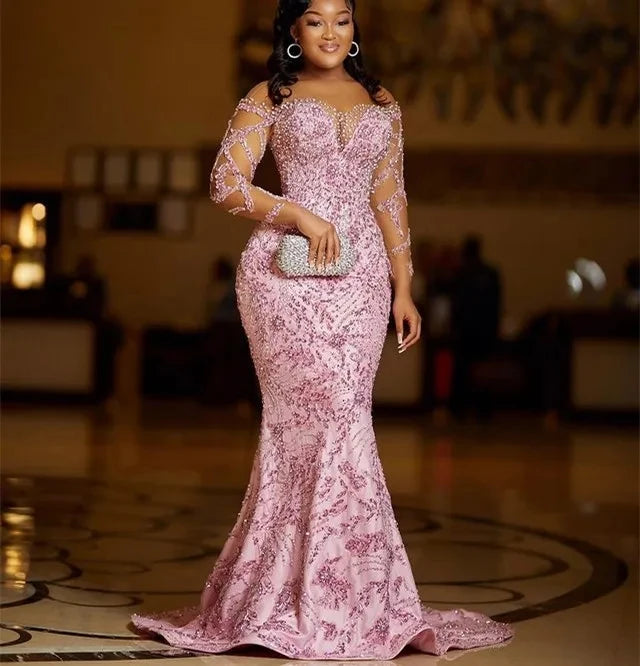 FZ Women's Mermaid Long Sleeves Lace Beaded Evening Dress