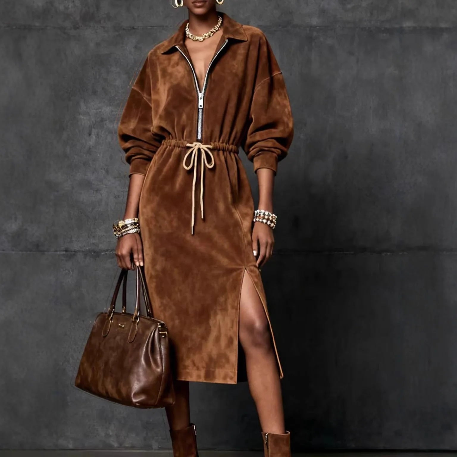 FZ Women's Suede Velvet Drawstring Solid Vintage Split Hem Midi Dress