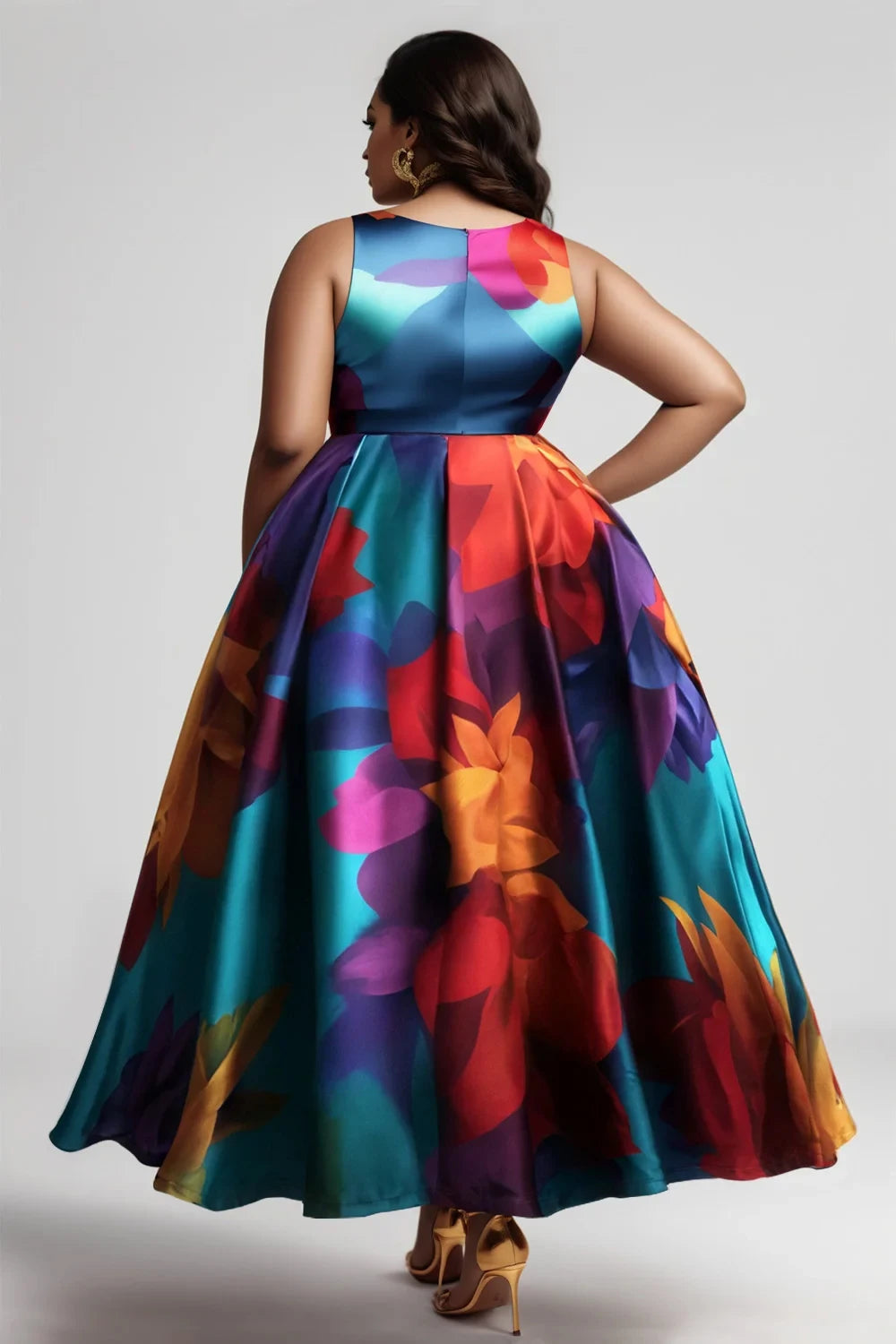 FZ Women's Plus Size Pleated A-Line Party Floral Printed Vintage Maxi Evening Dress