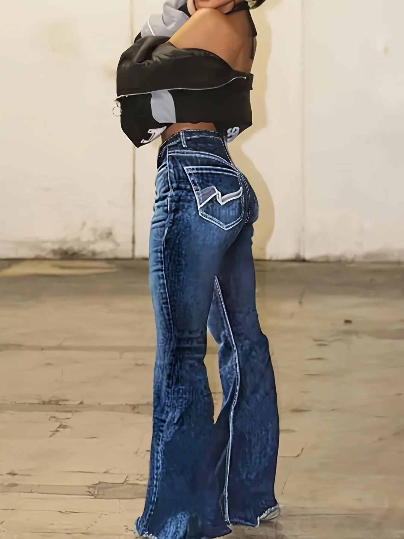 FZ Women's Plus Size Embroidered Burr Edge High Waist Bullet Retro Denim Pants