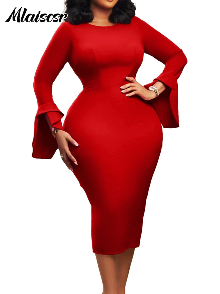 FZ Women's Long Flare Sleeves O Neck Mid Evening Dress