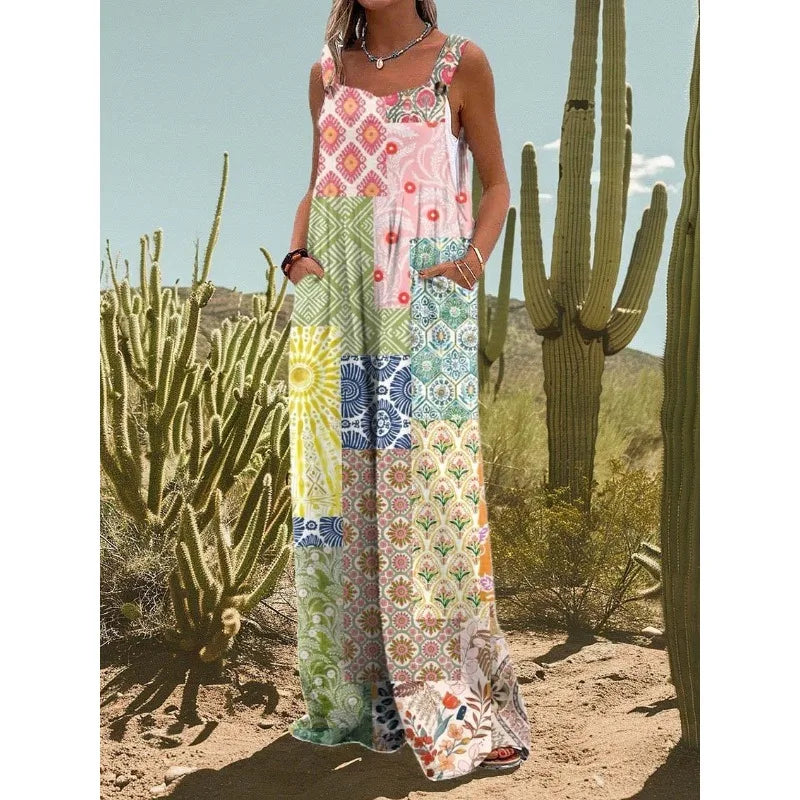 FZ Women's Vintage Flower Daisy Print Casual Strap Wide Leg Jumpsuit - 3 - FZwear