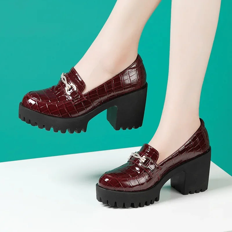 FZ Women's Rhinestone Waterproof Platform Thick Sole Leather Shoes