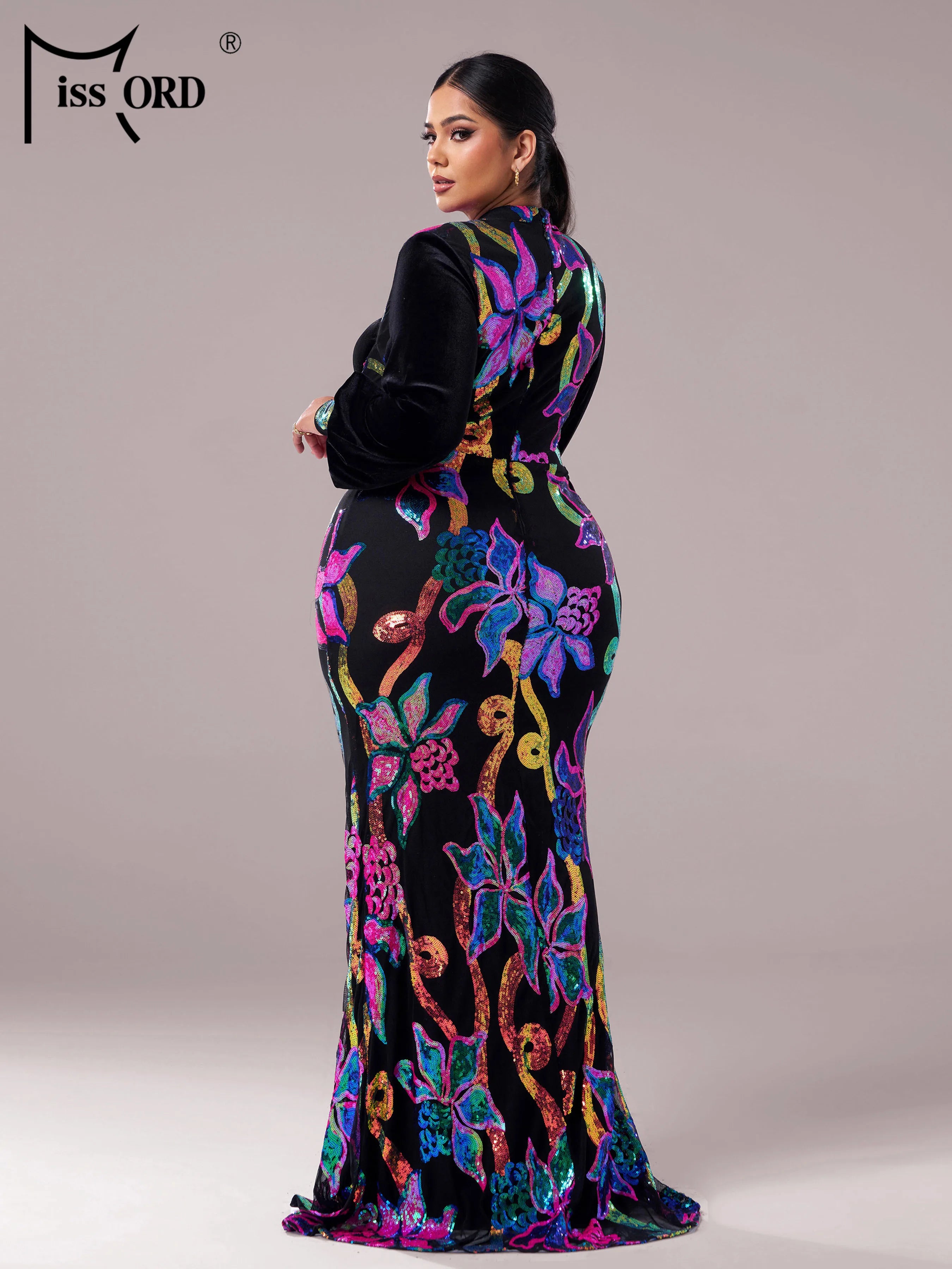 FZ Women's Plus Size Floral Round Neck Long Sleeved Sequin Mermaid Evening Dress