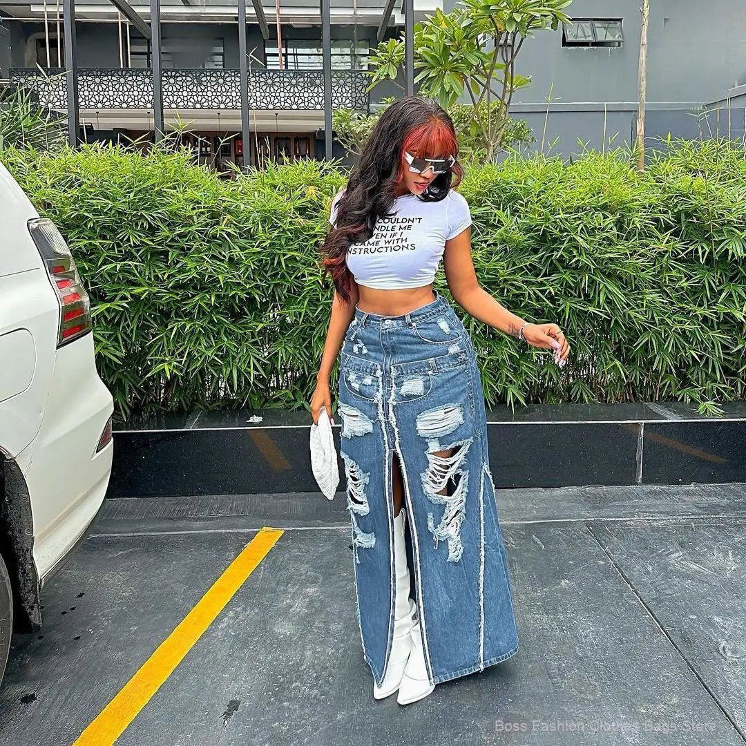 FZ Women's Worn-out Holes High Waisted Half Length Denim Skirt - FZwear