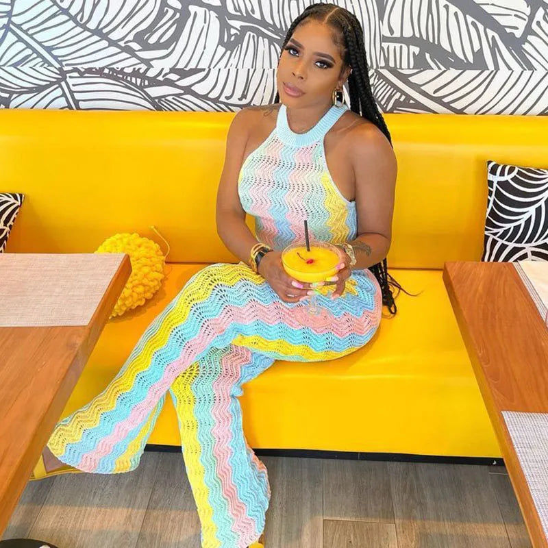 FZ Women's Knitted Striped Sleeveless Flare 2 Piece Pants Suit