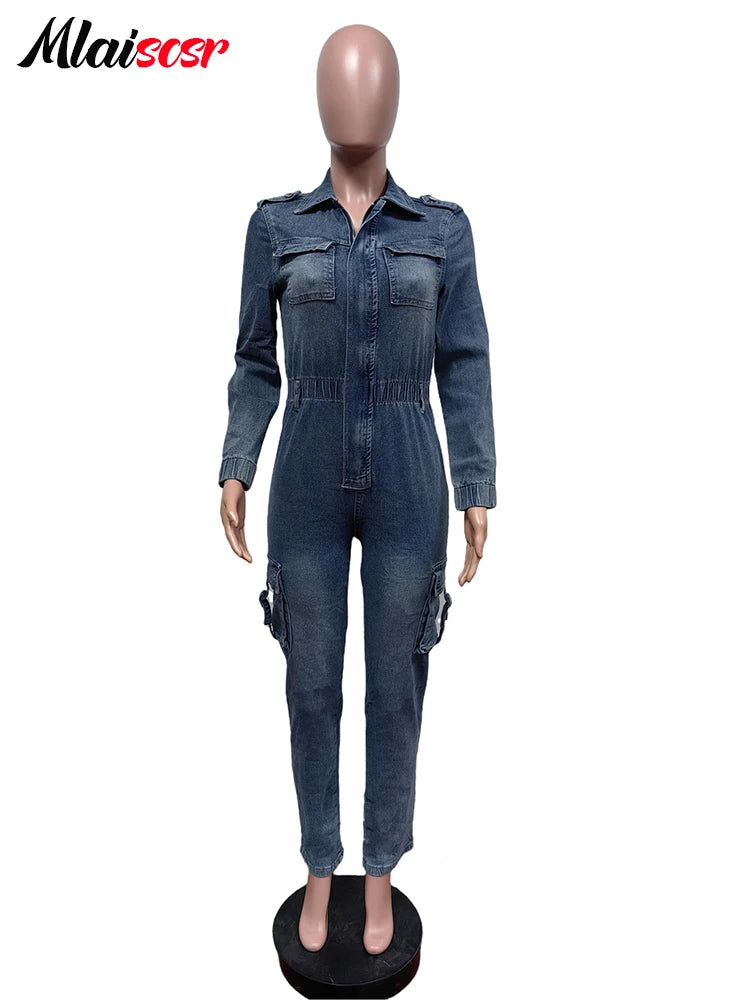 FZ Women's Winter Zipper Elastic Waist One Piece Stretch Denim Jumpsuit