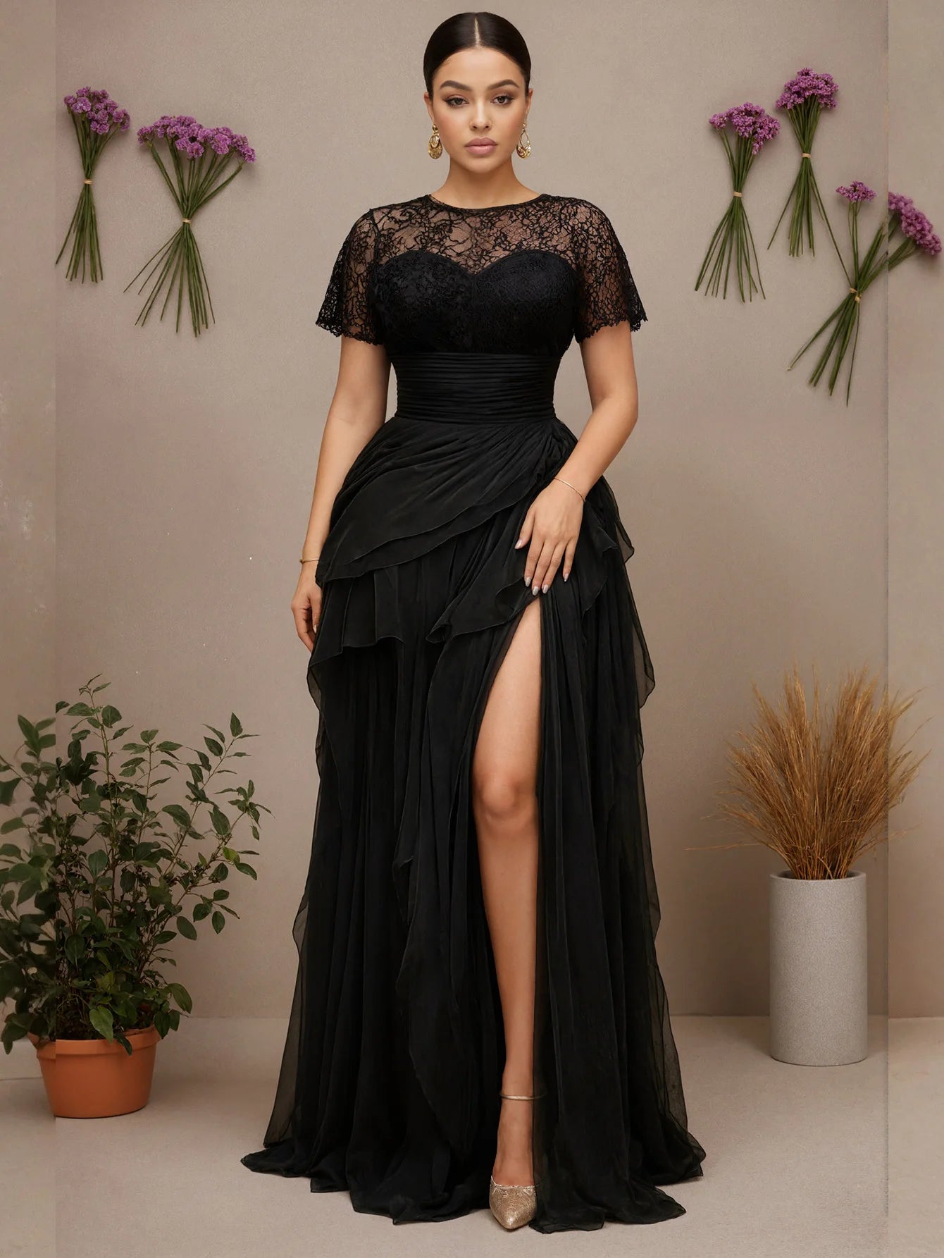 FZ Women's Plus Size Lace Mesh Splice Hollow Out Split Hem High Waist Evening Dress