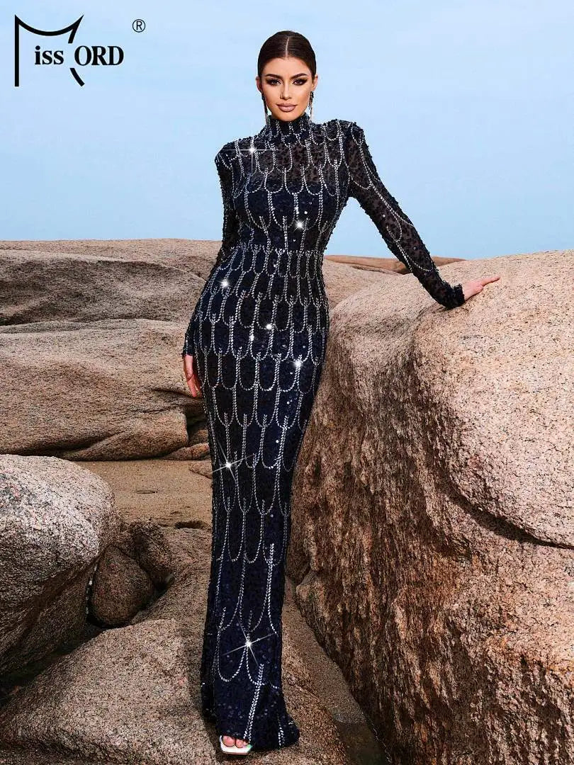 FZ Women's High Neck Sequin Mermaid Cocktail Maxi Evening Dress