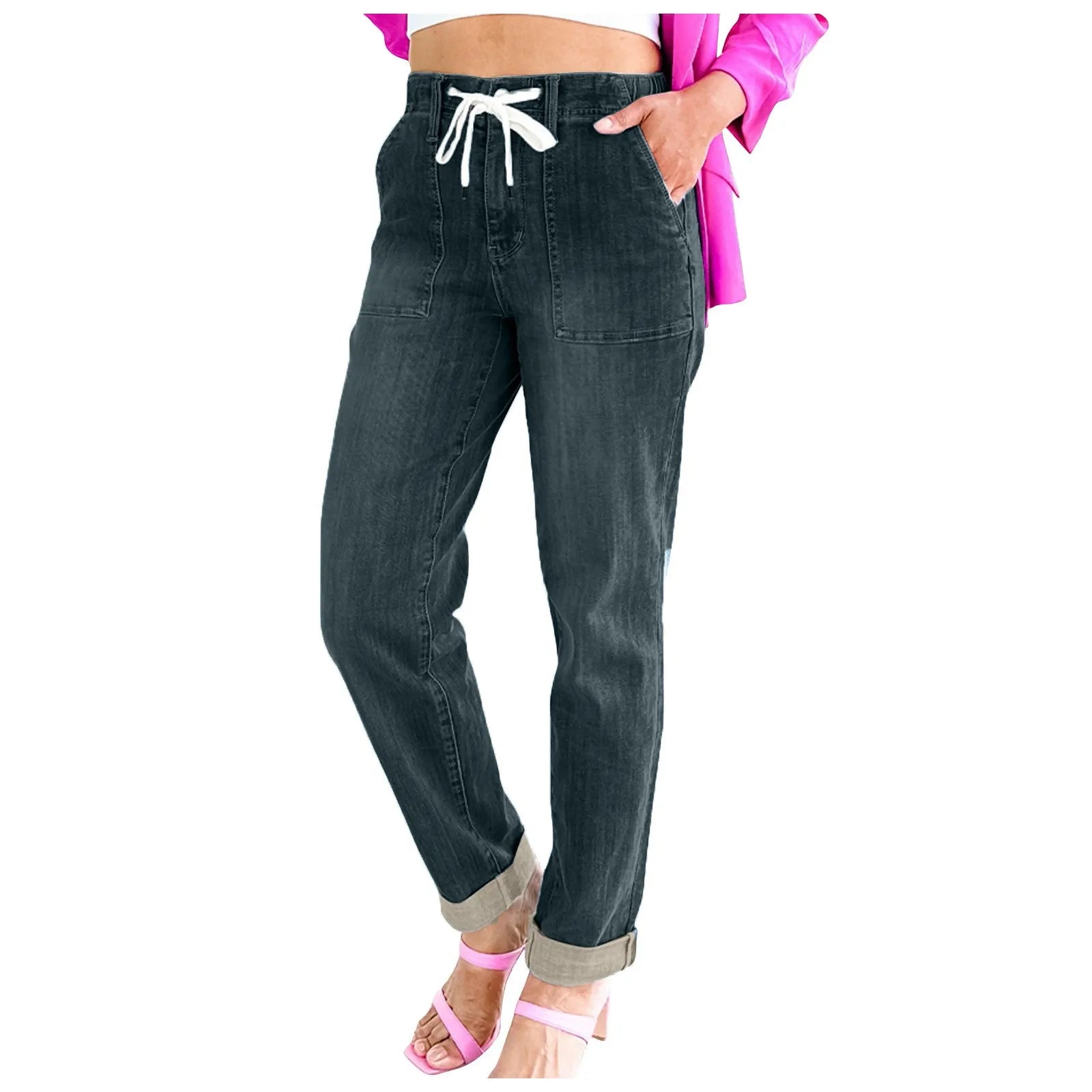 FZ Women's Casual Stretch Drawstring Elastic Waist Straight Denim Pants - FZwear