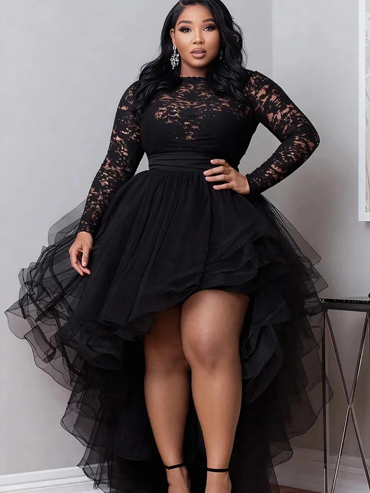 FZ Women's Plus Size Lace High Low Asymmetrical Hem Evening Dress