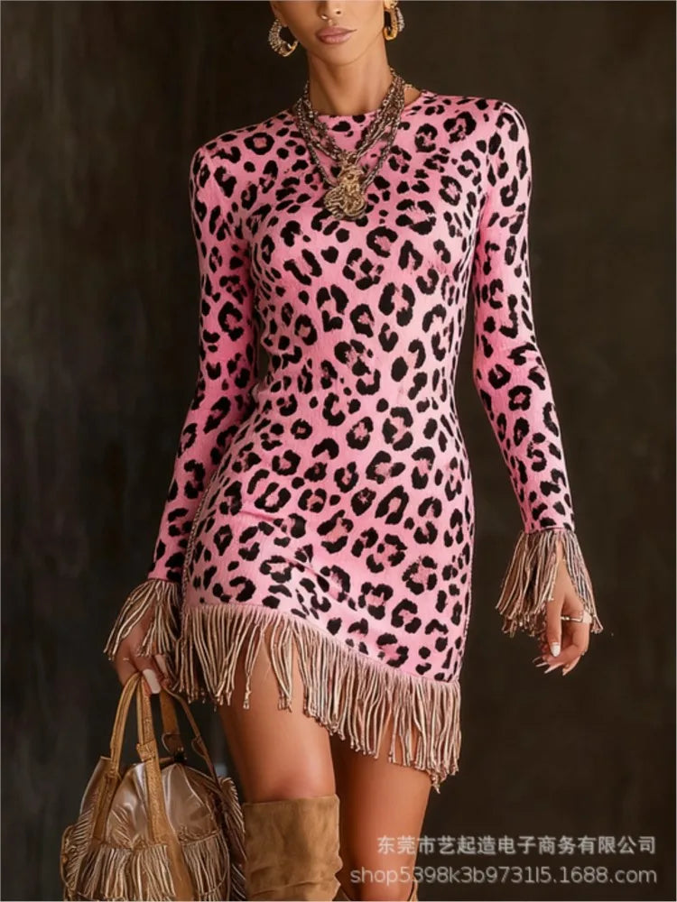 FZ Women's Retro Print Tassel Slim Fit O Neck Mini Knitted Sweater Dress