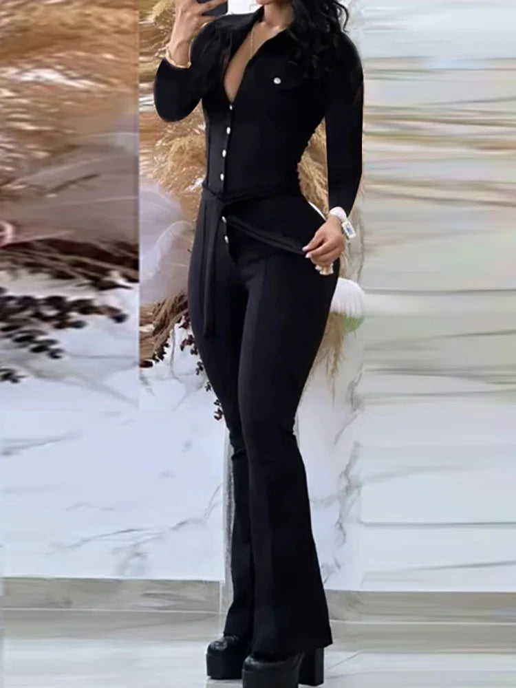 FZ Women's V-Neck Long Sleeve Solid Flare Bottom Jumpsuit - FZwear