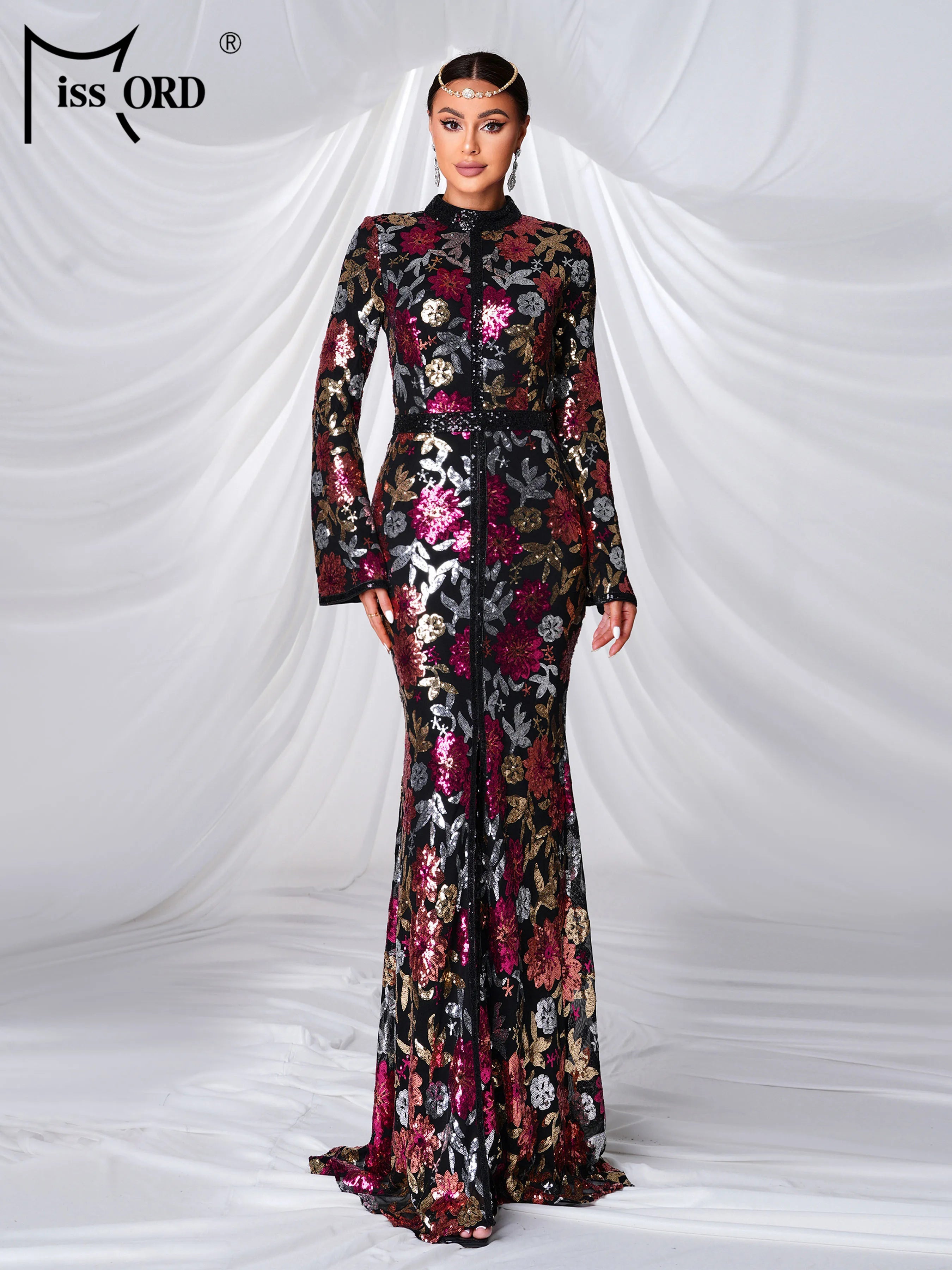 FZ Women's High Neck Long Sleeved Middle Eastern Evening Dress