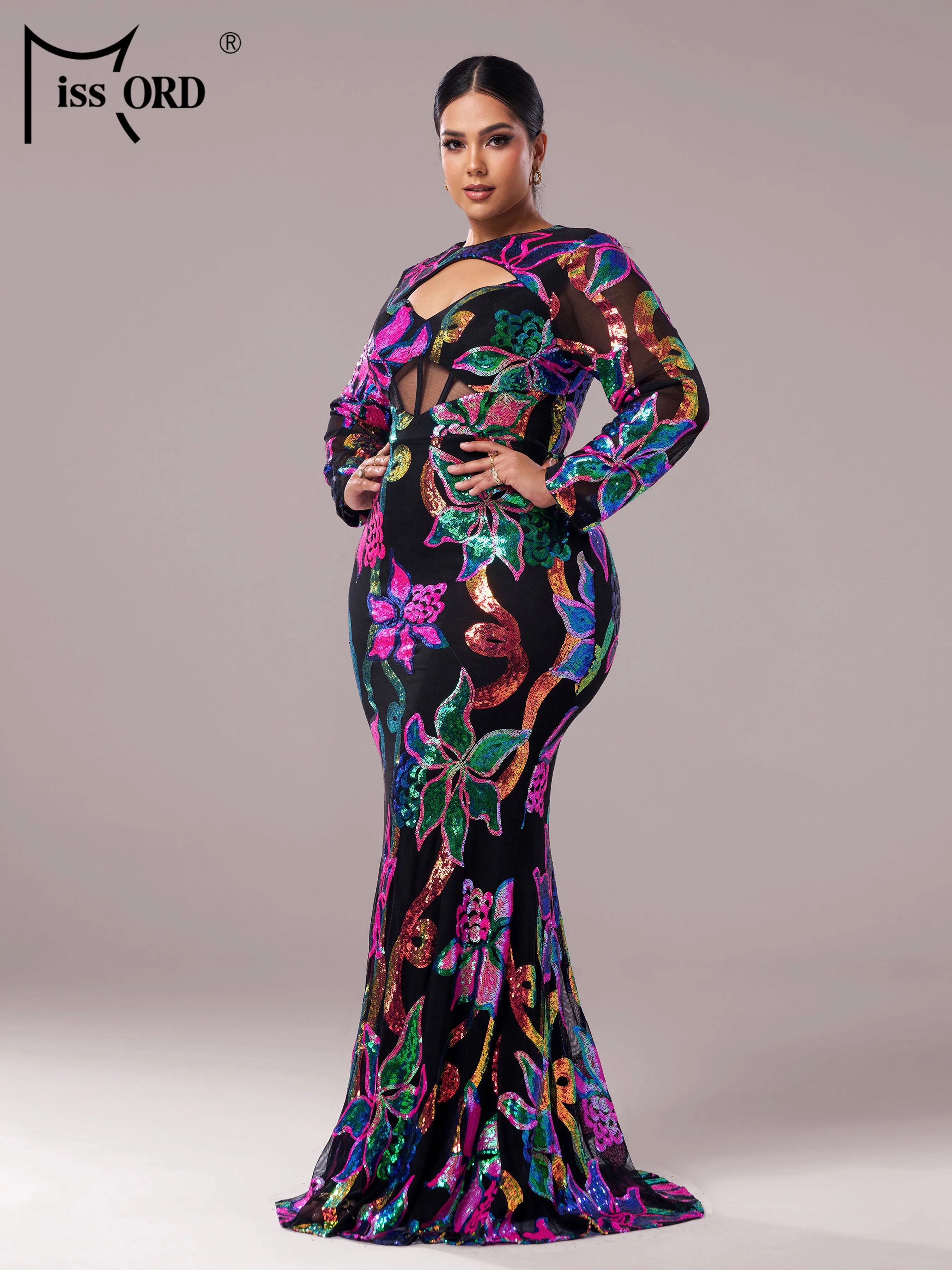 FZ Women's Plus Size Floral Round Neck Long Sleeved Sequin Mermaid Evening Dress