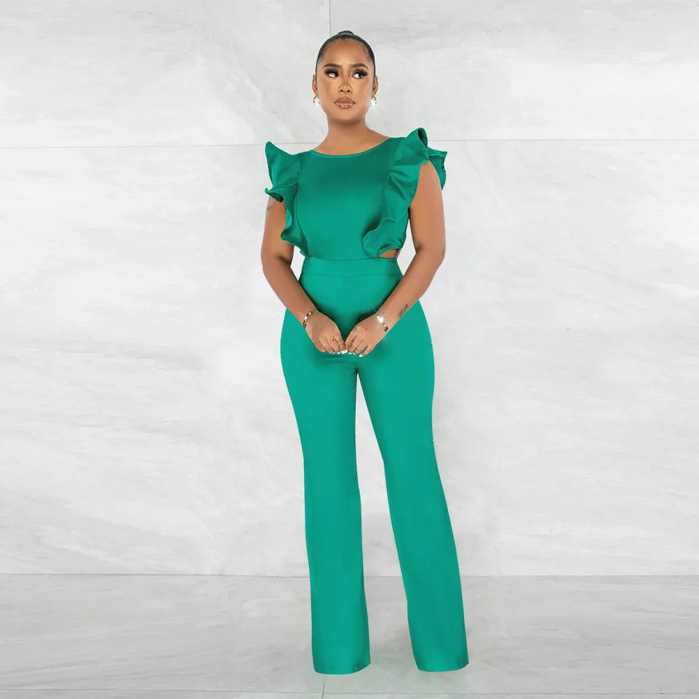 FZ Women's Ruffles Shoulder Cutout Waist High Slit Straight Wide Leg Jumpsuit - FZwear