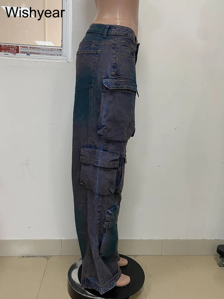 FZ Women's Vintage Wide Leg Inkjet Cargo Streetwear Straight High Waist Denim Pants