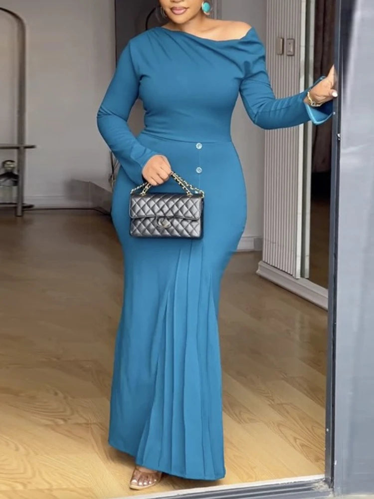 FZ Women's One Shoulder Long Sleeve Front Button Detail Maxi Evening Dress