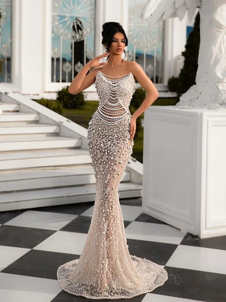 FZ Women's Luxury Sexy Strapless Backless Pearl Sequins Maxi Evening Dress - FZwear