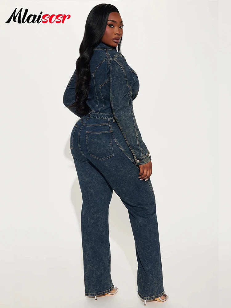 FZ Women's Turn Down Collar Full Sleeve Loose Wide Leg Denim Jumpsuit