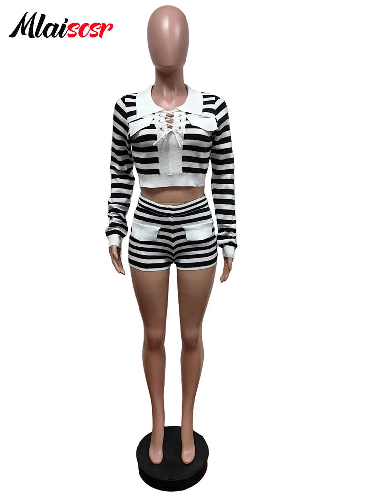 FZ Women's Knitting Black White Striped 2 Pieces Shorts Suit