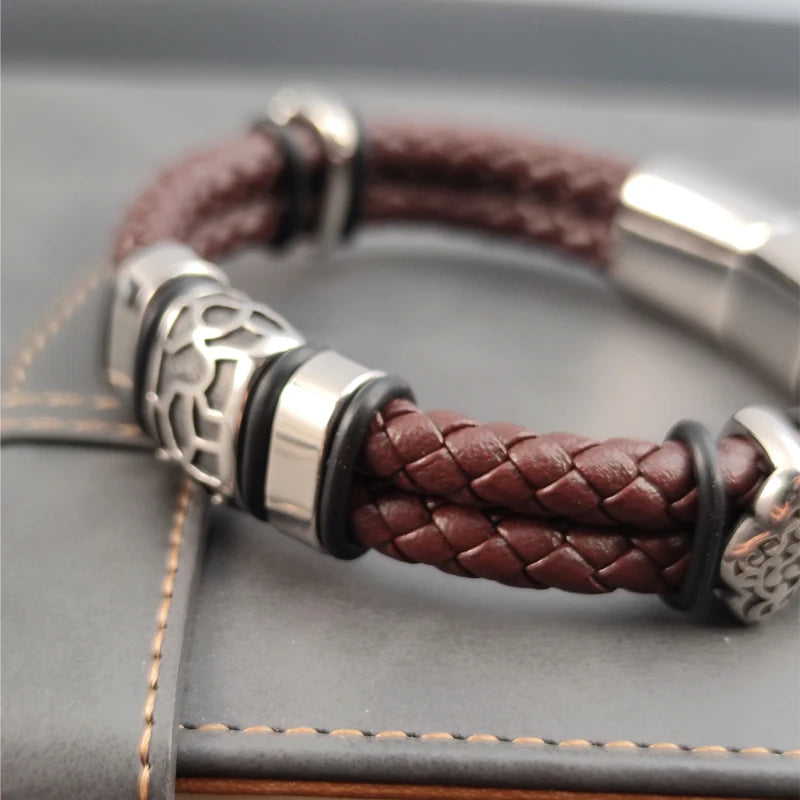 FZ Men's Stainless Steel Irregularly Cracked Genuine Braided Leather Bracelet
