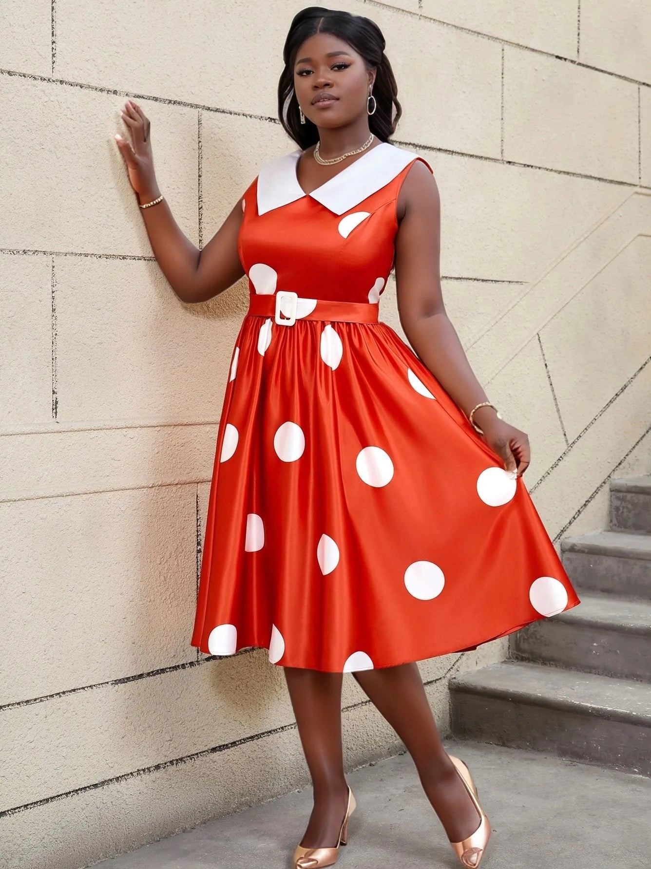 FZ Women's Plus Size Polka Dot Sleeveless A Line Dress