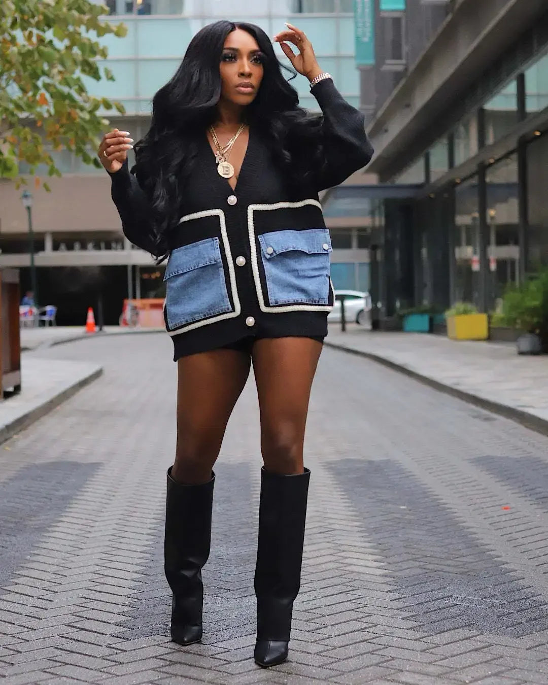 FZ Women's Patchwork Pearl Button Loose Knitted Streetwear Sweater Top