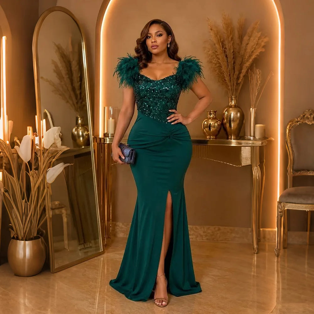 FZ Women's Sequin Feather Shoulders Mermaid Evening Dress