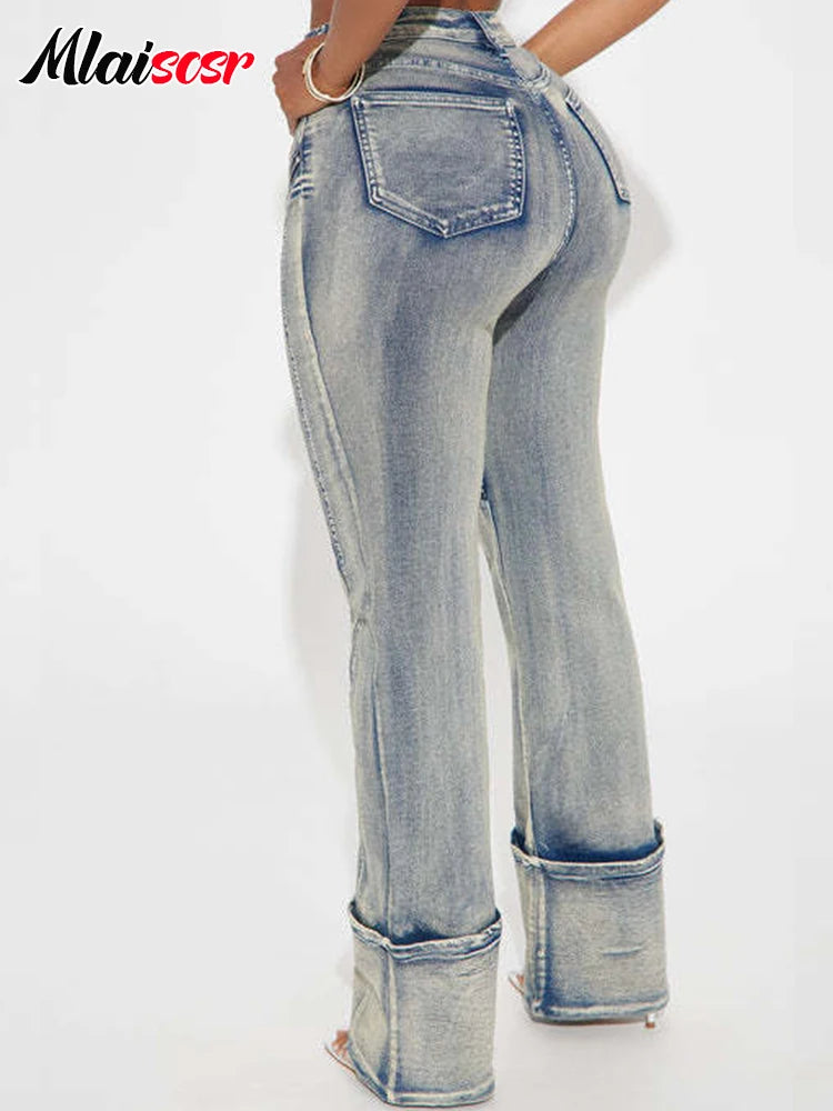 FZ Women's Streetwear Patchwork High Waist Button Fly Slim Denim Pants