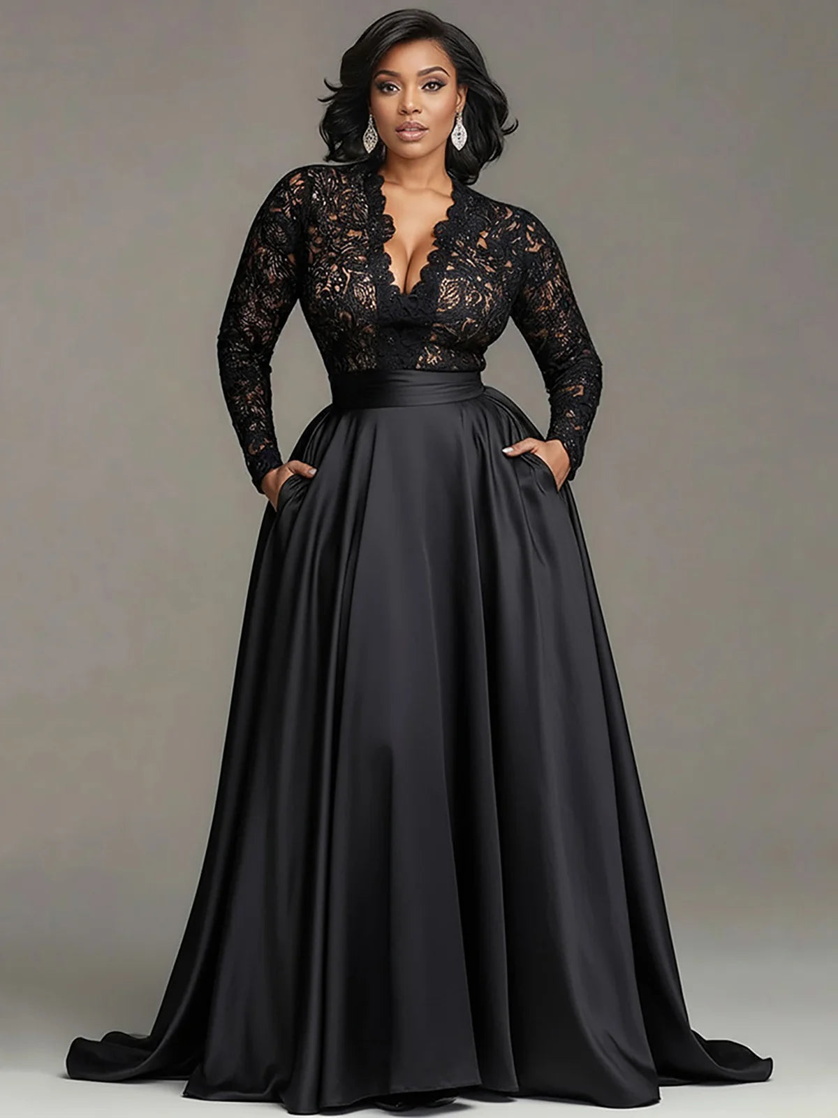 FZ Women’s Plus Size Lace Hollow Out Black V-Neck Cocktail Maxi Evening Dress