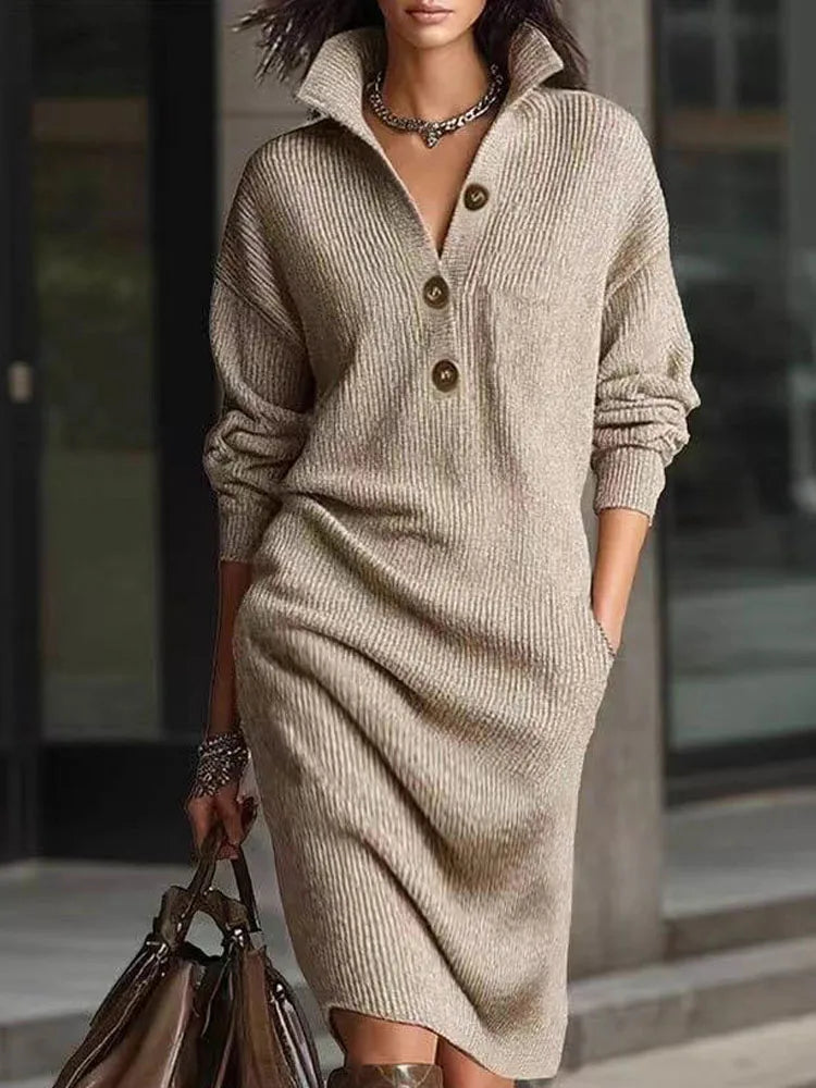 FZ Women's Lapel Collar Long Sleeve Ribbed Solid Midi Knitted Sweater Dress