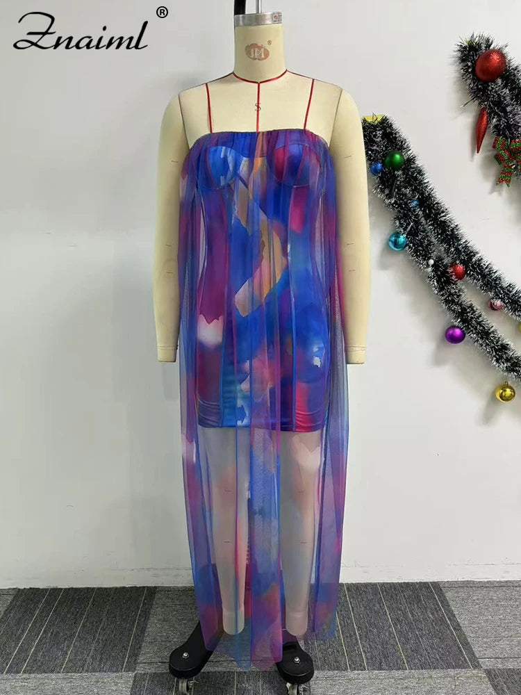 FZ Women's Tie Dye Print Off Shoulder Wrapped Chest Mesh See Through Dress