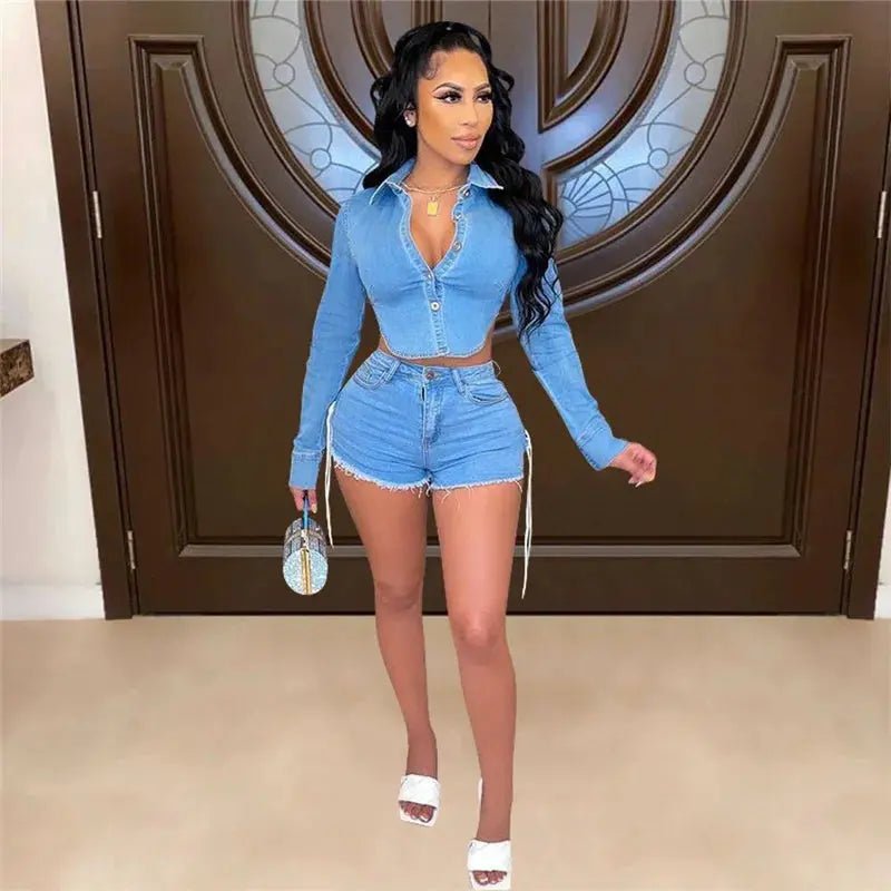 Sexy Denim Two Piece Short Set for Women Irregular Backless Jacket Top and Lace-up Shorts Sets Club Wear Party Jeans Outfits FZwear