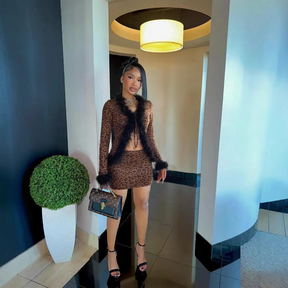 Sexy Furry Stitching Tied Cardigan Long Sleeved Top Leopard Print Skirt Set Two Piece Set LingSharp
