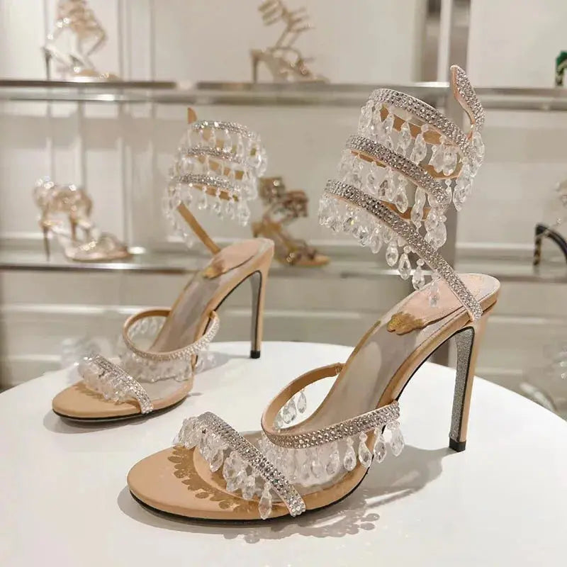 Sexy High Heels Sandals Woman Crystal Pendant Snake Twine Around Twine Ankle Strap Party Shoes Summer Gladiator Sandals Women FZwear
