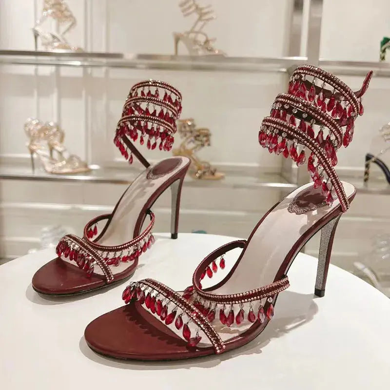 Sexy High Heels Sandals Woman Crystal Pendant Snake Twine Around Twine Ankle Strap Party Shoes Summer Gladiator Sandals Women FZwear
