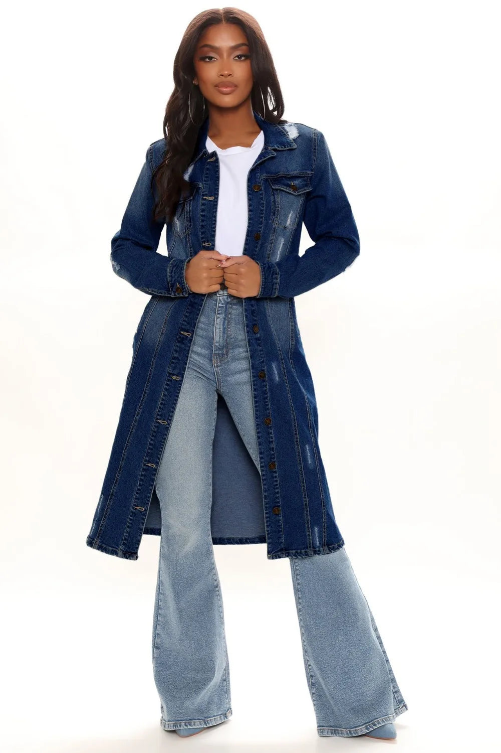 FZ Women's Hole Loose Turndown Collar Straight Denim Jacket - FZwear