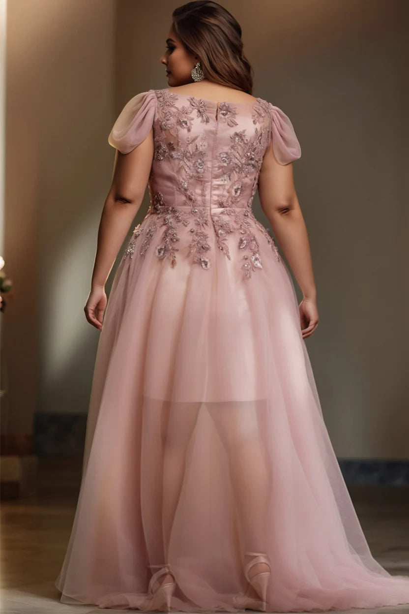 FZ Women's Plus Size V Neck Short Sleeve Split Embroidery Midi Evening Dress