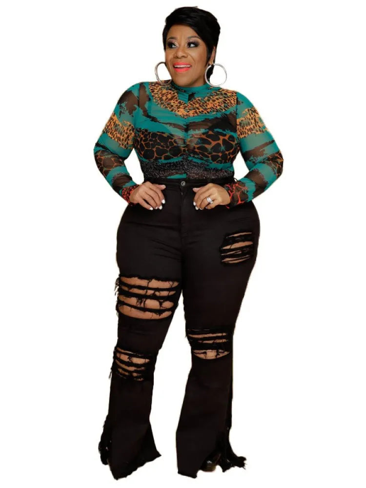 FZ Women's Plus Size Slim Fit Ripped Fringed Flared Denim Pants DSers