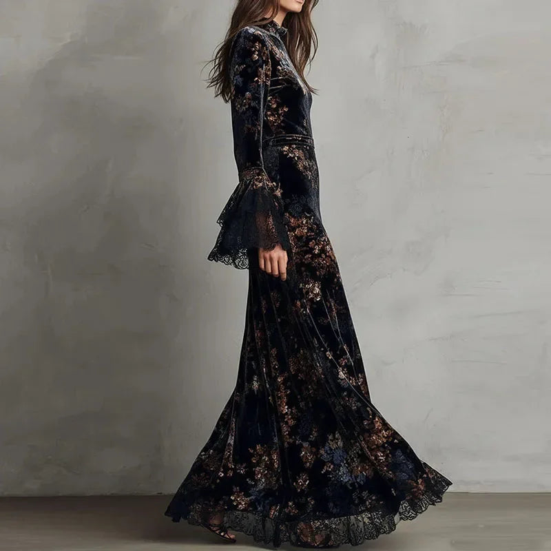 FZ Women's Retro Floral Print Velvet O Neck High Waist Evening Dress