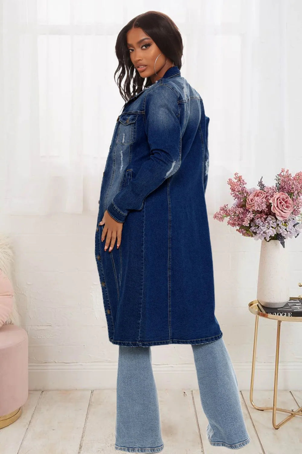 FZ Women's Hole Loose Turndown Collar Straight Denim Jacket - FZwear