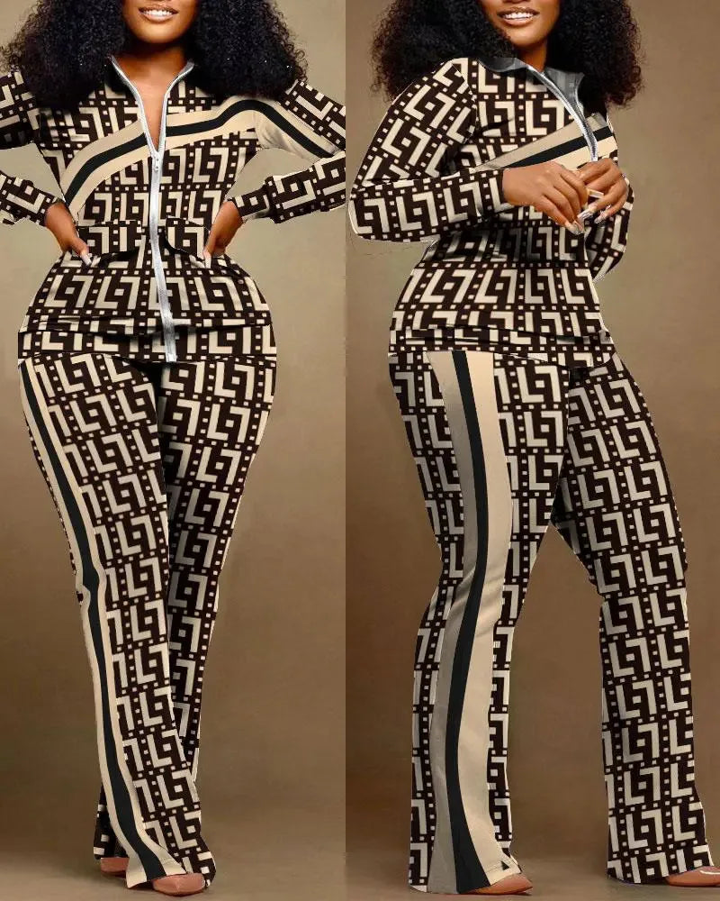 FZ Women's Print Zipper Stand Collar Sheath Full Sleeve Straight Two Piece Pants Suit