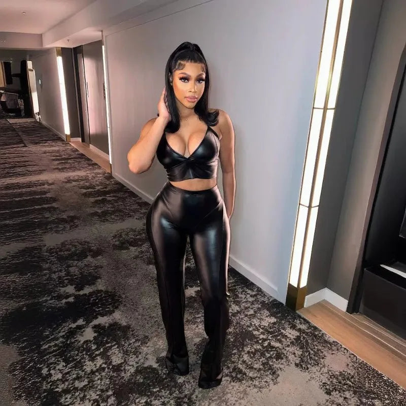 FZ Women'S Sexy High Stretch PU Leather Two Piece High Waist Flare Pants Suit - FZwear